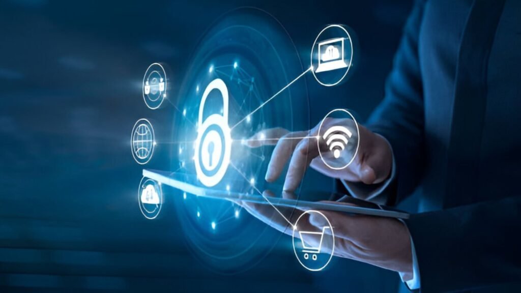 a person typing on screen with few icons popping out of it