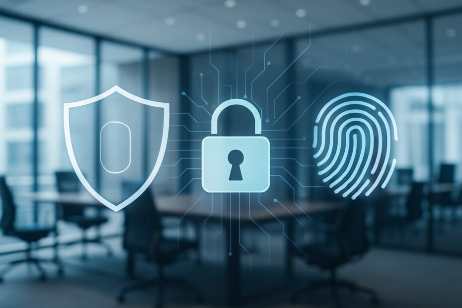 Three icons showing shield, lock and thub print scanner