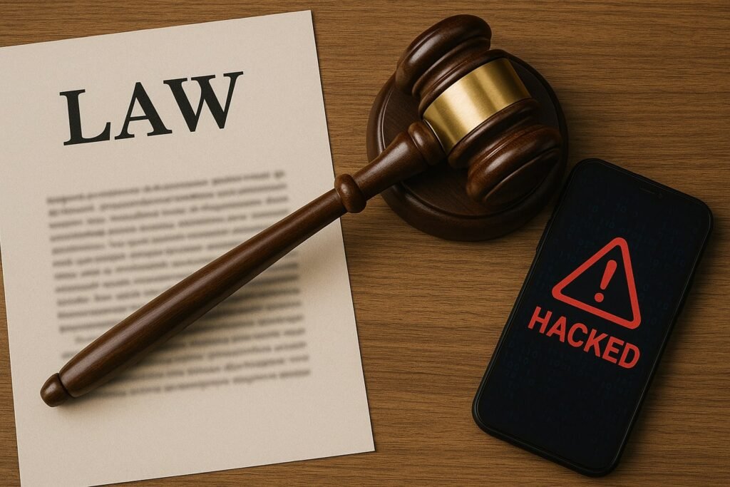 A document, gavel, or digital evidence symbol with a hacked screen