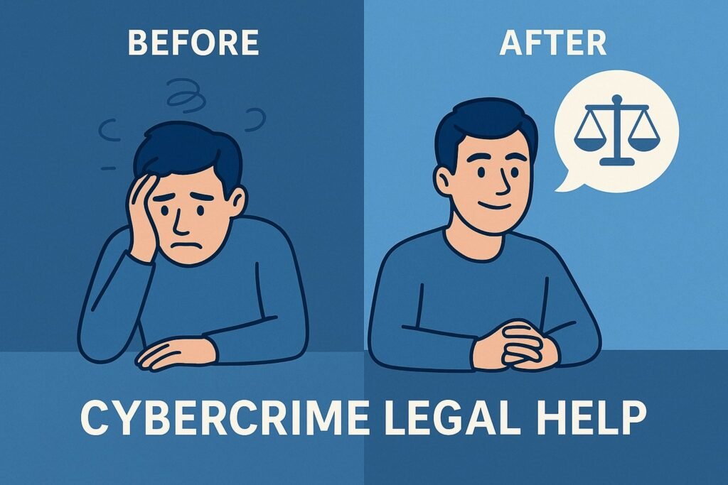 shows a person before and after legal help after facing a cybercrime