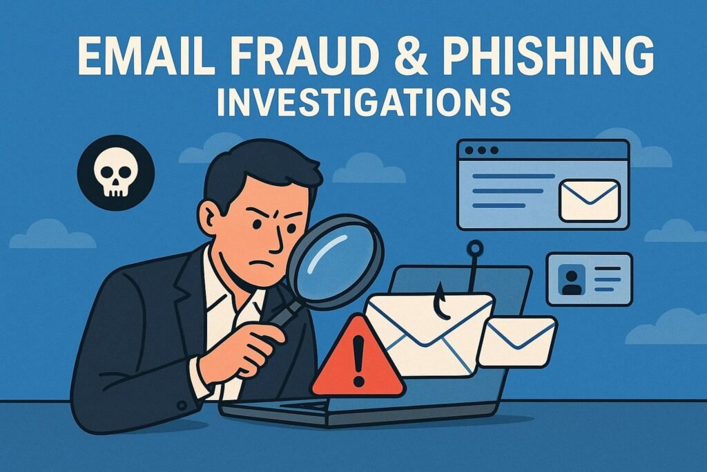 representing email fraud & Phishing investigation a man holding magnifying glass and looking intoo screen of a laptop