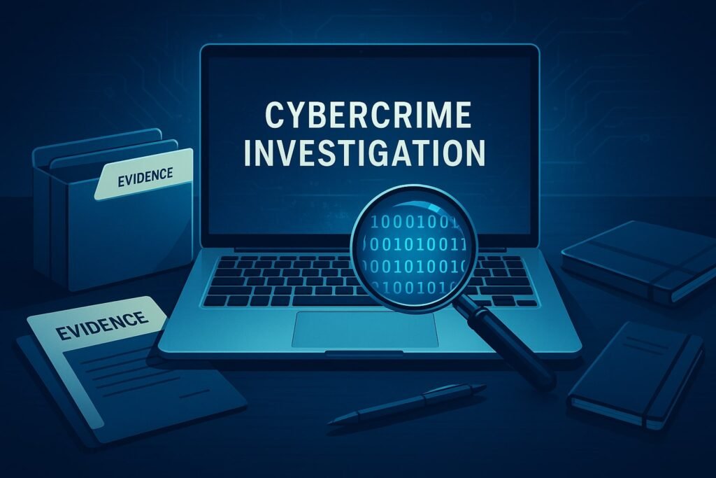 a laptop and magnifying glass with cybercrime investigations written on the screen